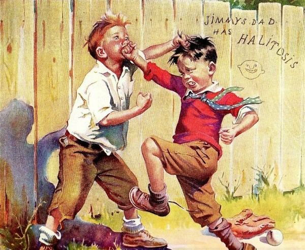 two boys scuffling - illustration by Frances Tipton Hunter