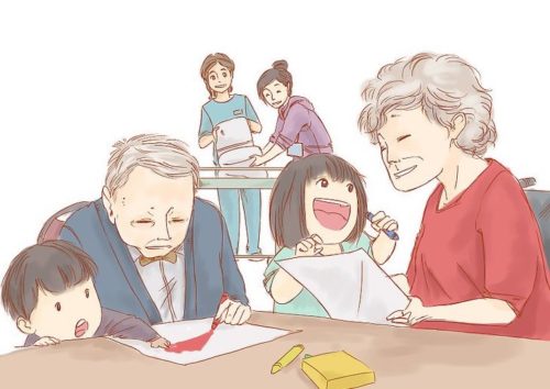 cartoon image of older couple coloring with young children, with adults looking on
