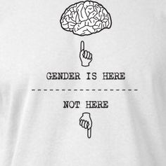 image of brain drawing at top, with finger pointing to it saying gender is here, finger pointing down below it, saying not here