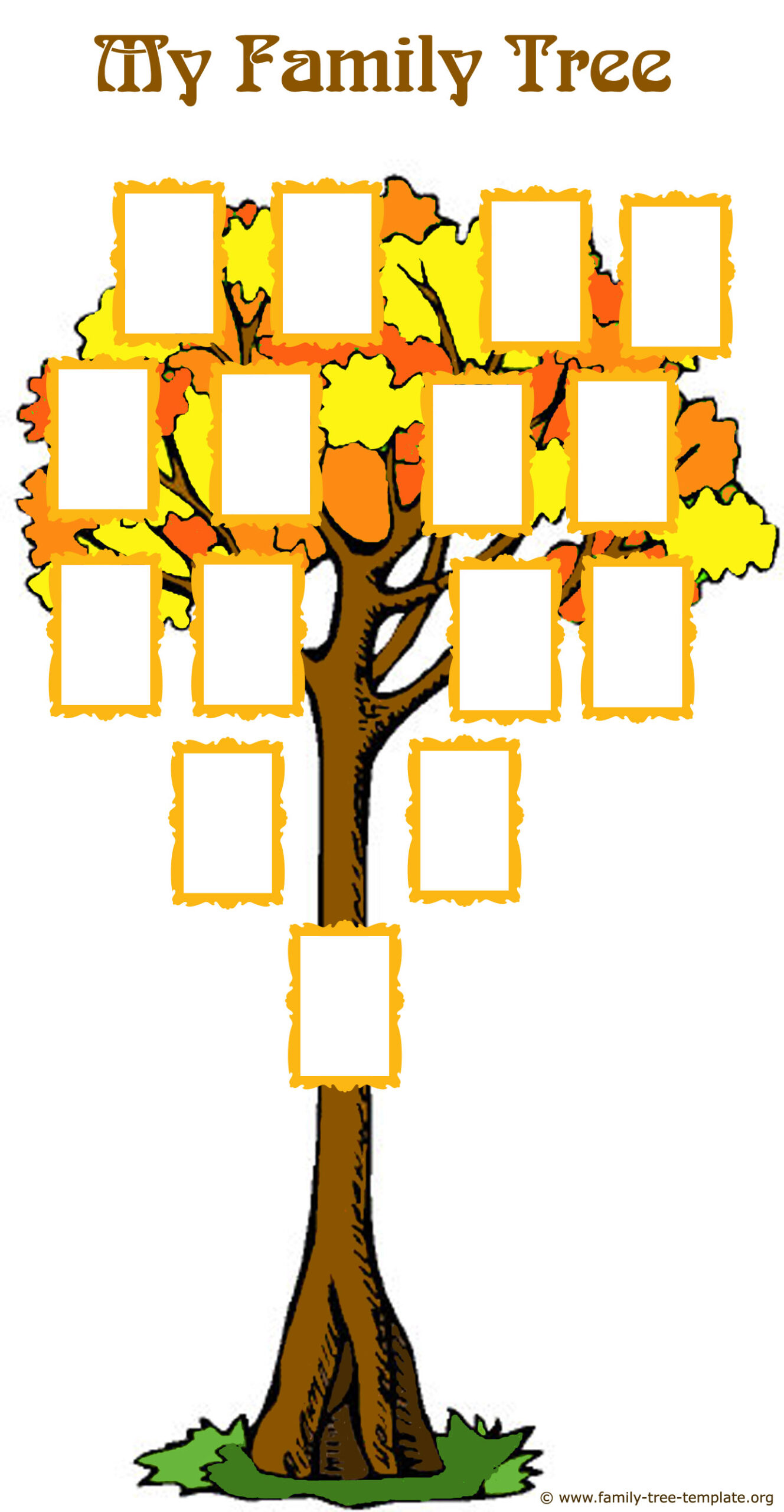 illustration of tree with fall color leaves, squares for adding names/pictures to build a family tree