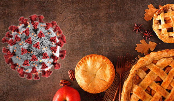 photo collage of COVID virus with holiday pies