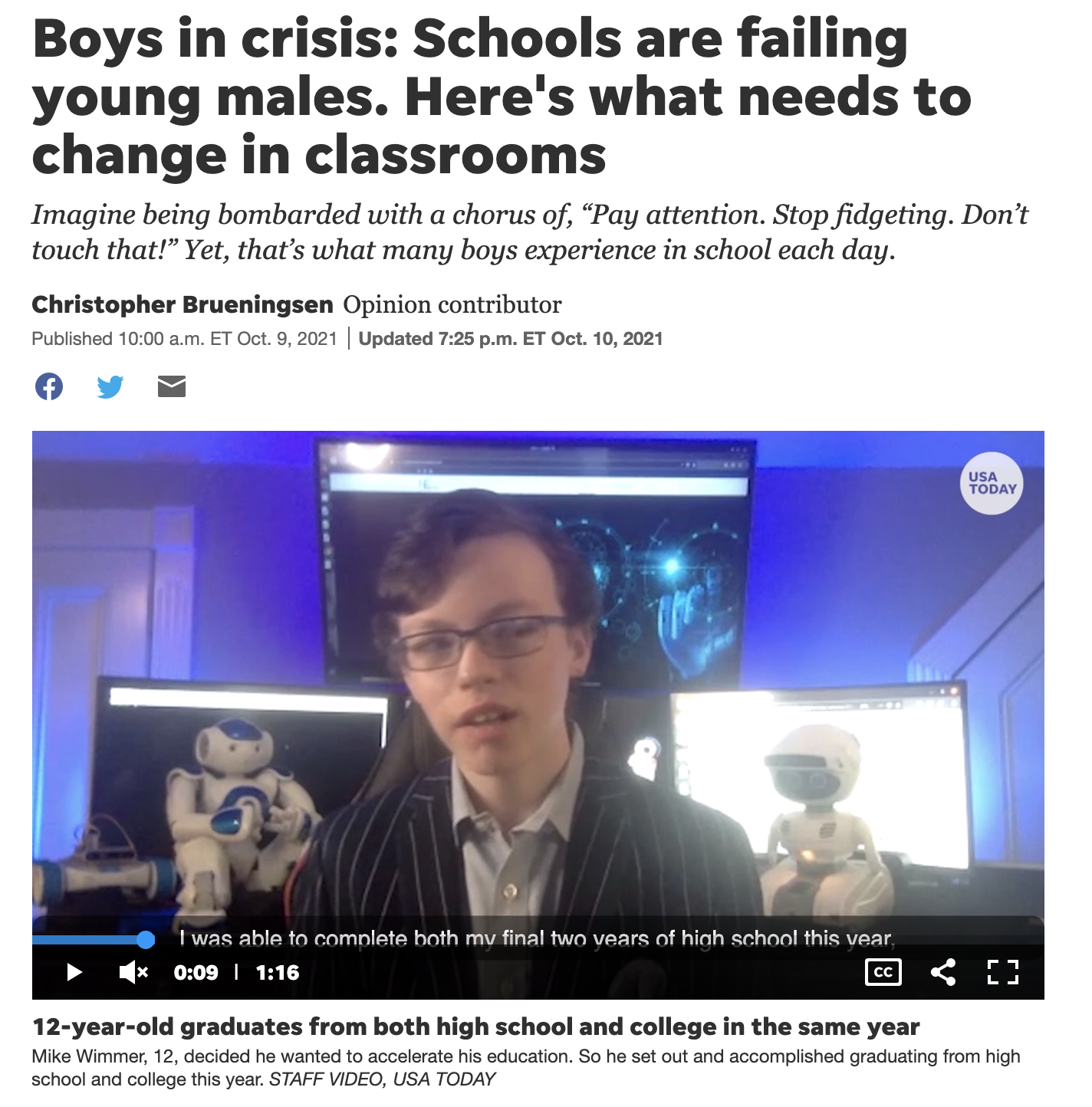 Screencap of USA Today story "Boys in crisis: Schools are failing young males. Here's what needs to change in classrooms" with headline, still frame of video running with story of Mike Wimmer, a student who completed two years of high school and two years of college in one year at 12 years old