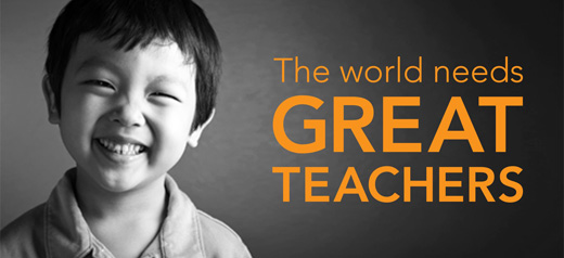 photo of young boy smiling against a blackboard background with the text "the world needs great teachers" in orange text on the right side
