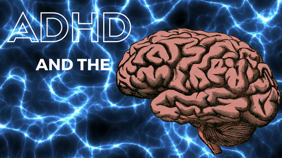 image of a brain over a watery background with text ADHD AND on the left of the brain image